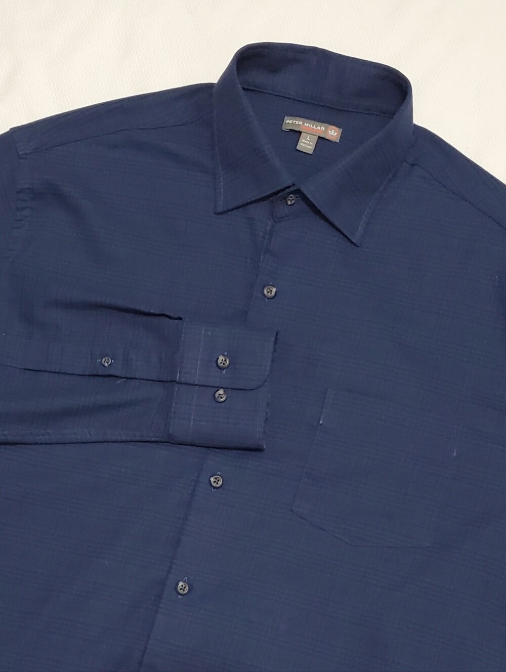 Peter Millar Crown Sport Long-Sleeve Button Up Shirt Navy Tonal Tartan Large
